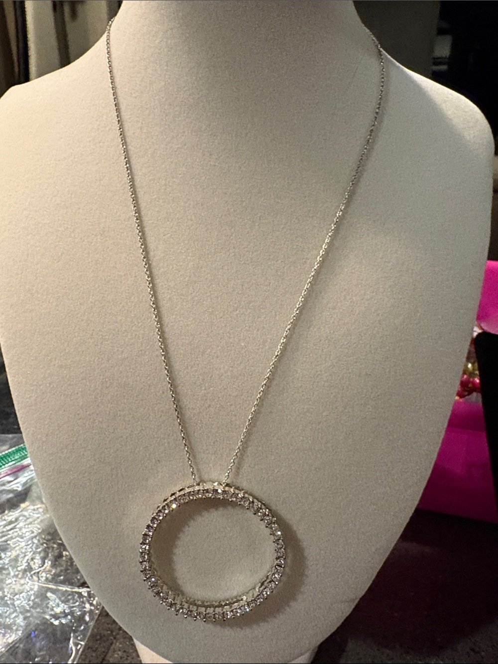 Crystal Circle Pendant Necklace - Silver Tone